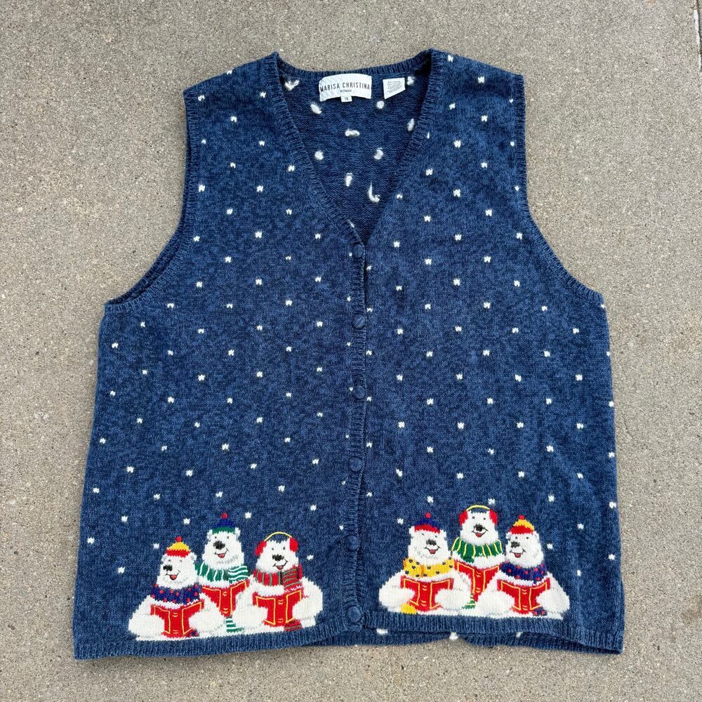 Marisa Christina 90s Y2K Plus Size Winter Polar Bear Sweater Vest Blue White 1X